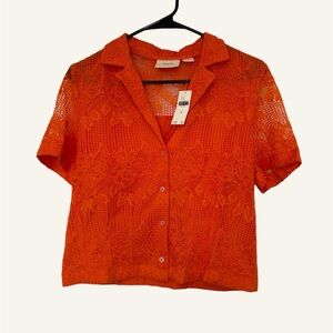Women's Anthropologie Maeve Short Sleeve Orange Lace Button Front Cropped Size M